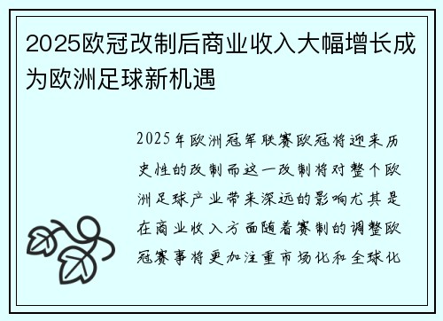 2025欧冠改制后商业收入大幅增长成为欧洲足球新机遇